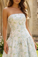 Load image into Gallery viewer, Blue and White Floral Strapless A Line Long Prom Dress