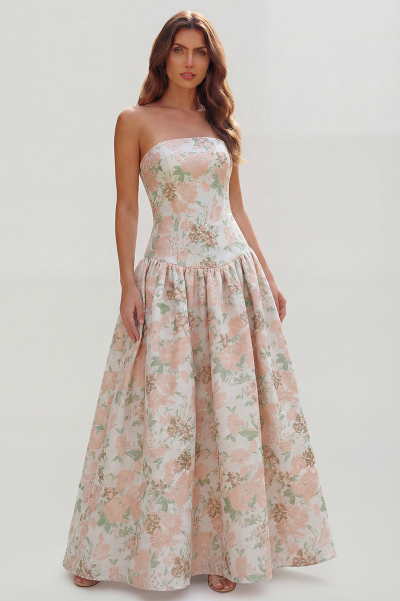 Load image into Gallery viewer, Blue and White Floral Strapless A Line Long Prom Dress