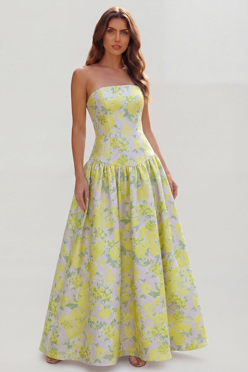 Load image into Gallery viewer, Blue and White Floral Strapless A Line Long Prom Dress