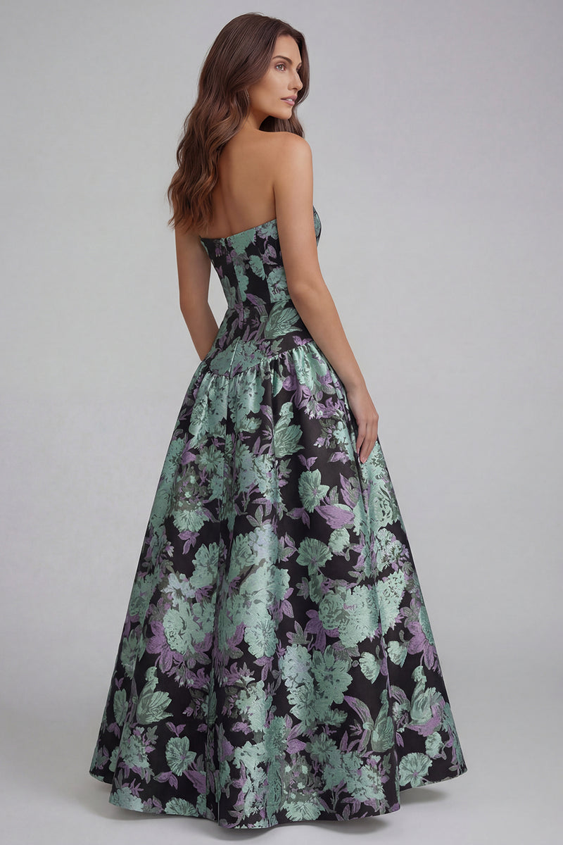 Load image into Gallery viewer, Blue and White Floral Strapless A Line Long Prom Dress
