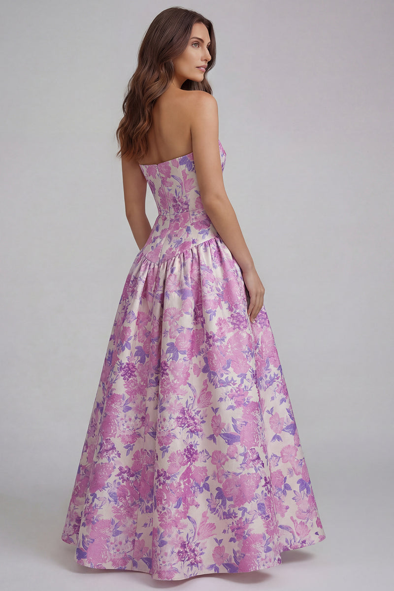 Load image into Gallery viewer, Blue and White Floral Strapless A Line Long Prom Dress