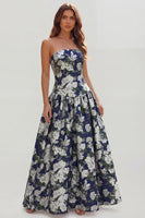 Load image into Gallery viewer, Blue and White Floral Strapless A Line Long Prom Dress