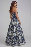 Load image into Gallery viewer, Blue and White Floral Strapless A Line Long Prom Dress