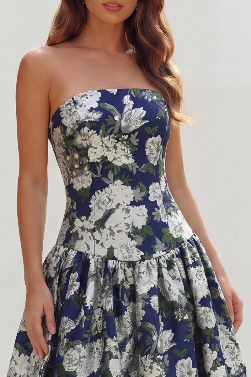 Load image into Gallery viewer, Blue and White Floral Strapless A Line Long Prom Dress