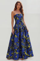 Load image into Gallery viewer, Blue and White Floral Strapless A Line Long Prom Dress