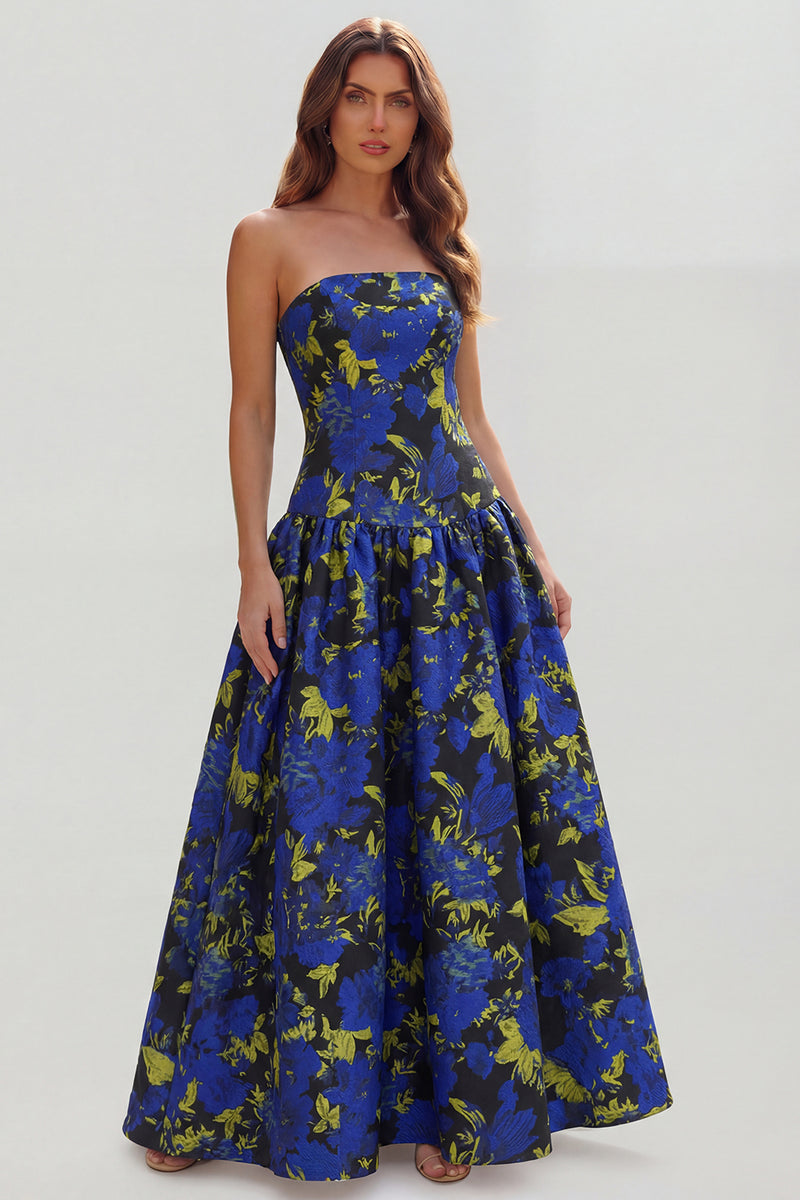 Load image into Gallery viewer, Blue and White Floral Strapless A Line Long Prom Dress