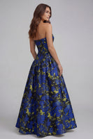Load image into Gallery viewer, Blue and White Floral Strapless A Line Long Prom Dress