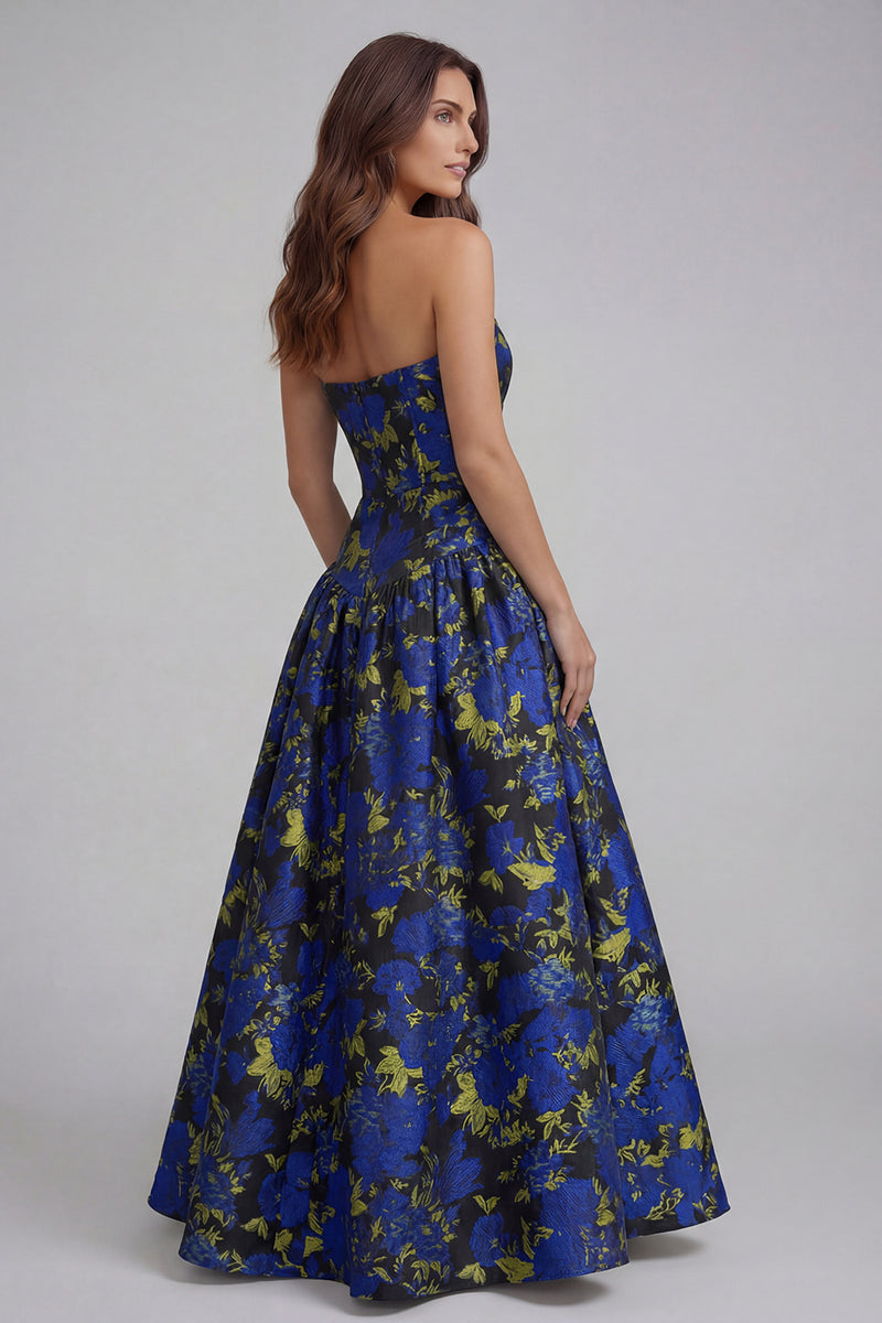 Load image into Gallery viewer, Blue and White Floral Strapless A Line Long Prom Dress