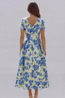 Load image into Gallery viewer, Floral Blue and White V Neck A Line Ankle Length Prom Dress with Sleeves