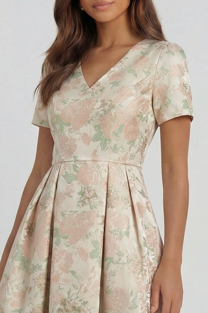 Load image into Gallery viewer, Floral Blue and White V Neck A Line Ankle Length Prom Dress with Sleeves