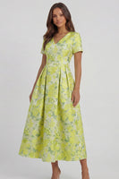 Load image into Gallery viewer, Floral Blue and White V Neck A Line Ankle Length Prom Dress with Sleeves