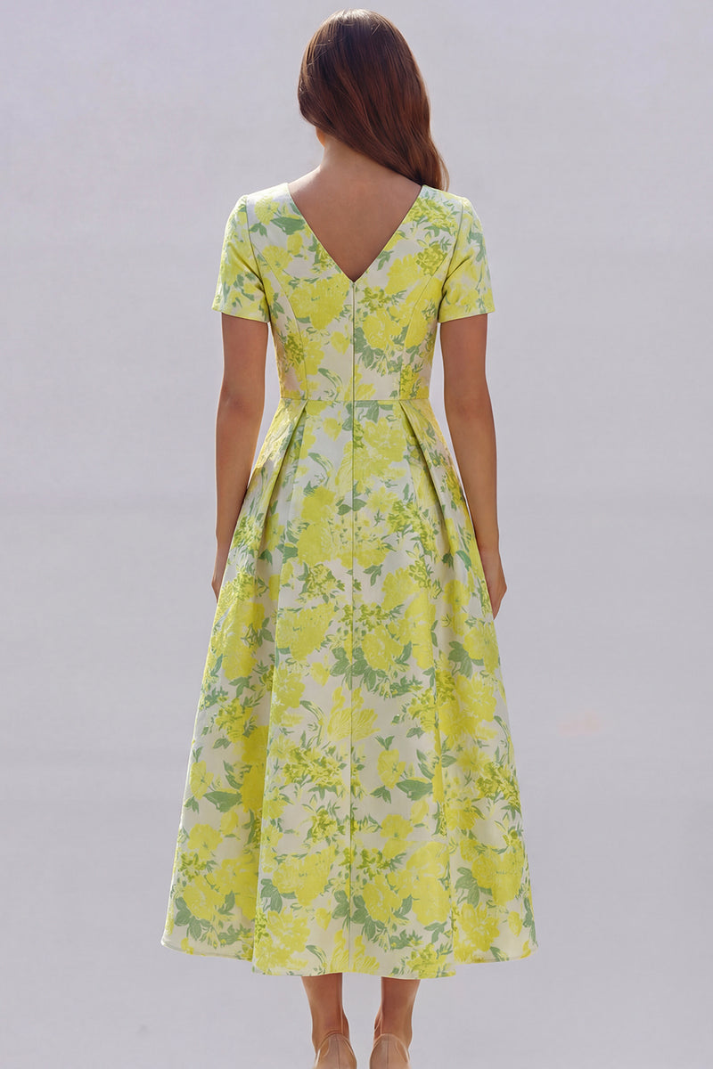 Load image into Gallery viewer, Floral Blue and White V Neck A Line Ankle Length Prom Dress with Sleeves