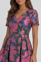 Load image into Gallery viewer, Floral Blue and White V Neck A Line Ankle Length Prom Dress with Sleeves