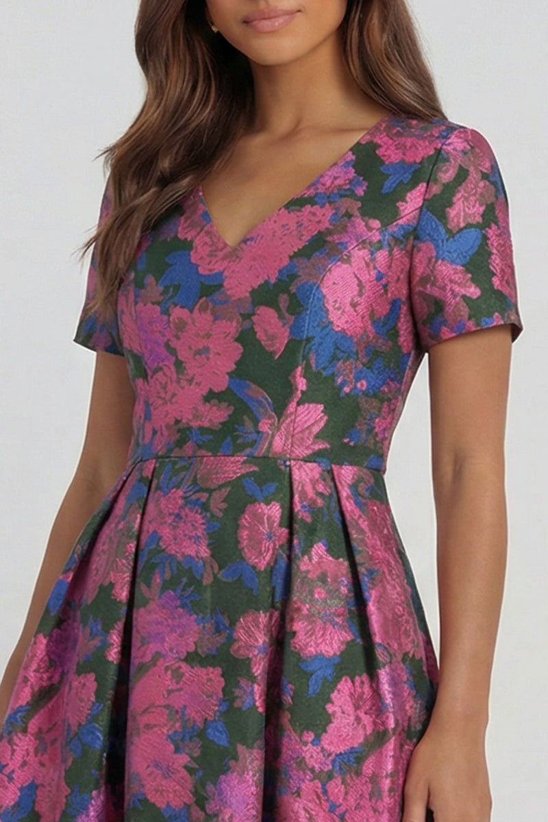 Load image into Gallery viewer, Floral Blue and White V Neck A Line Ankle Length Prom Dress with Sleeves