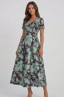 Load image into Gallery viewer, Floral Blue and White V Neck A Line Ankle Length Prom Dress with Sleeves