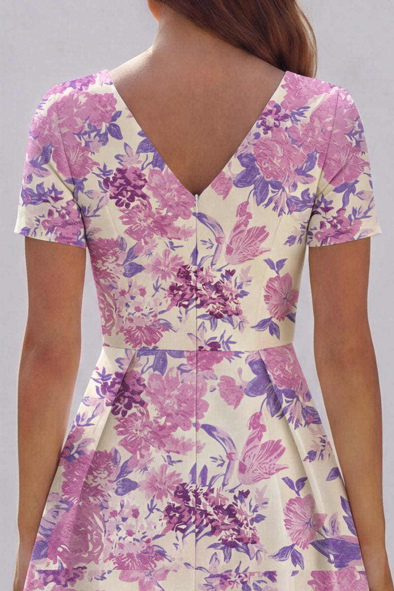 Load image into Gallery viewer, Floral Blue and White V Neck A Line Ankle Length Prom Dress with Sleeves