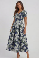 Load image into Gallery viewer, Floral Blue and White V Neck A Line Ankle Length Prom Dress with Sleeves