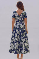 Load image into Gallery viewer, Floral Blue and White V Neck A Line Ankle Length Prom Dress with Sleeves