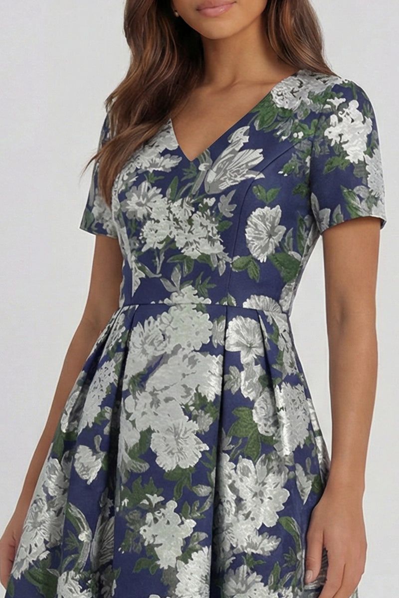 Load image into Gallery viewer, Floral Blue and White V Neck A Line Ankle Length Prom Dress with Sleeves