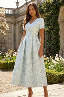 Load image into Gallery viewer, Floral Blue and White V Neck A Line Ankle Length Prom Dress with Sleeves