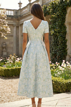 Floral Blue and White V Neck A Line Ankle Length Prom Dress with Sleeves