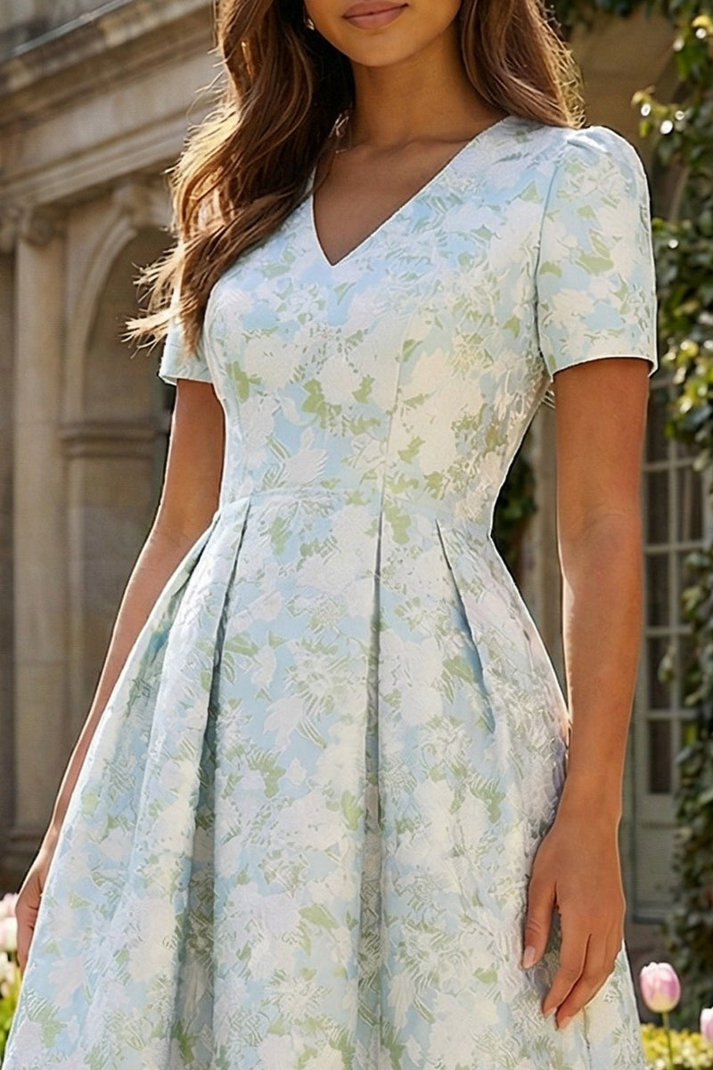 Load image into Gallery viewer, Floral Blue and White V Neck A Line Ankle Length Prom Dress with Sleeves