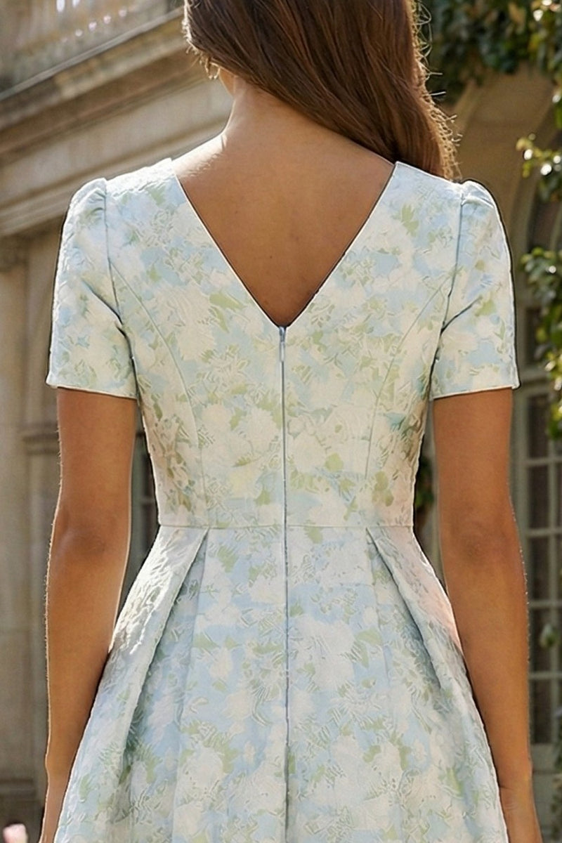 Load image into Gallery viewer, Floral Blue and White V Neck A Line Ankle Length Prom Dress with Sleeves