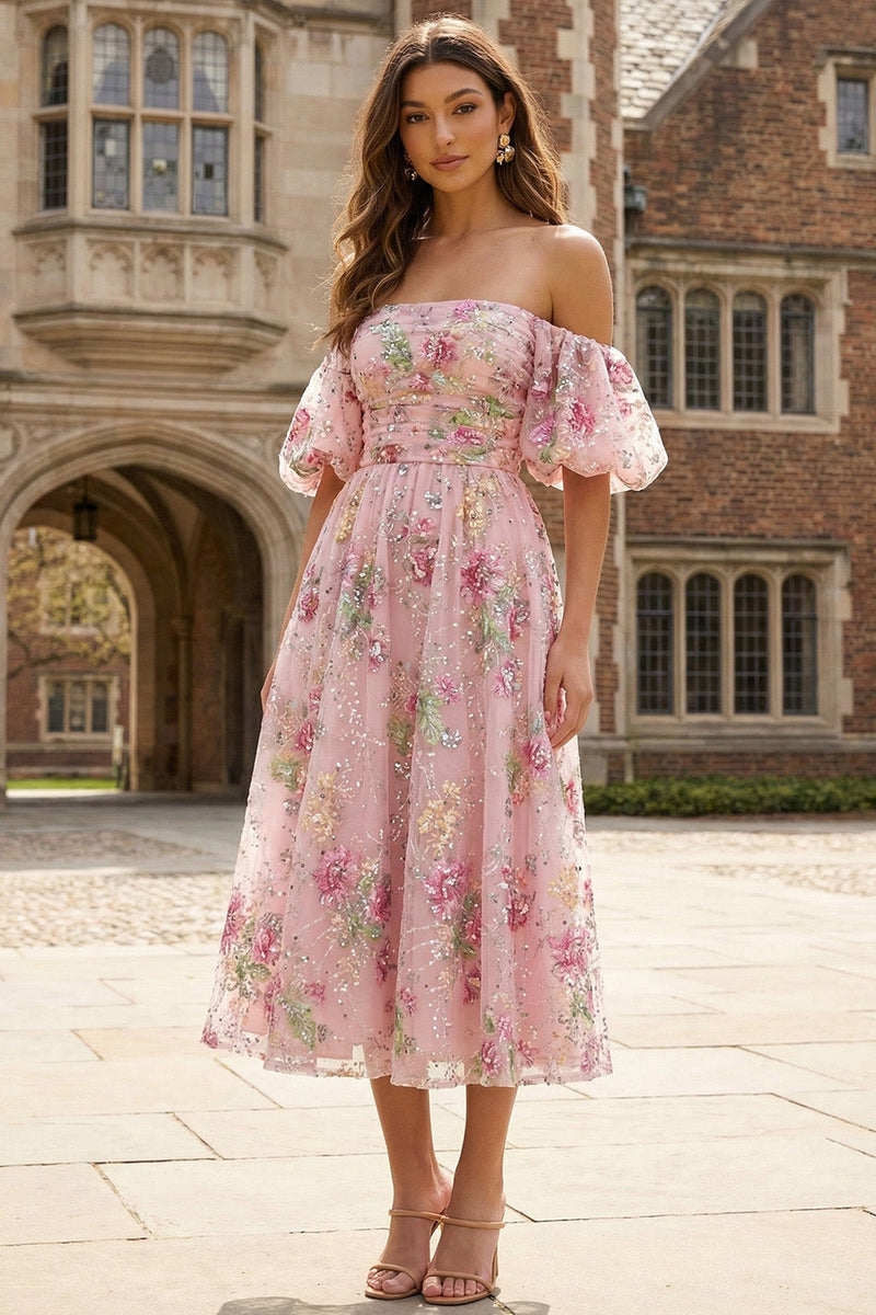 Load image into Gallery viewer, Sparkly Floral Pink A Line Off the Shoulder Midi Prom Dress