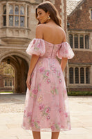 Load image into Gallery viewer, Sparkly Floral Pink A Line Off the Shoulder Midi Prom Dress