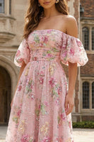 Load image into Gallery viewer, Sparkly Floral Pink A Line Off the Shoulder Midi Prom Dress
