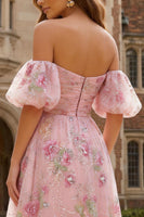 Load image into Gallery viewer, Sparkly Floral Pink A Line Off the Shoulder Midi Prom Dress