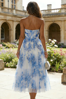 Floral White and Blue A Line Strapless Midi Prom Dress