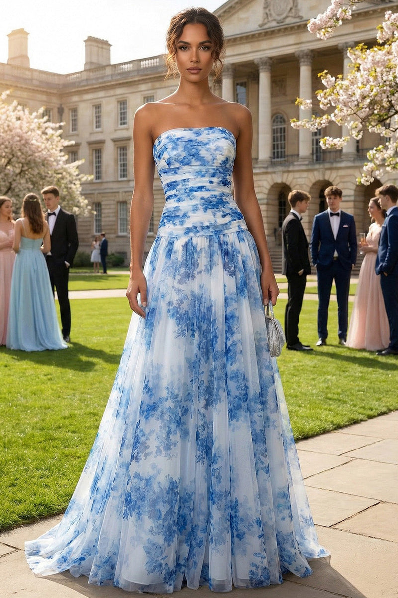 Load image into Gallery viewer, Floral White and Blue Strapless A Line Long Prom Dress