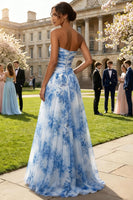Load image into Gallery viewer, Floral White and Blue Strapless A Line Long Prom Dress