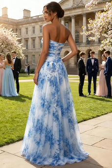 Floral White and Blue Strapless A Line Long Prom Dress