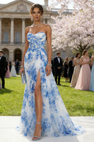 Load image into Gallery viewer, Floral White and Blue Sheath Sweetheart Long Prom Dress with Slit