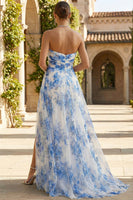 Load image into Gallery viewer, Floral White and Blue Sheath Sweetheart Long Prom Dress with Slit