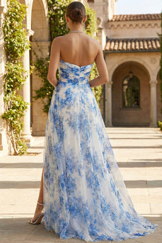 Floral White and Blue Sheath Sweetheart Long Prom Dress with Slit