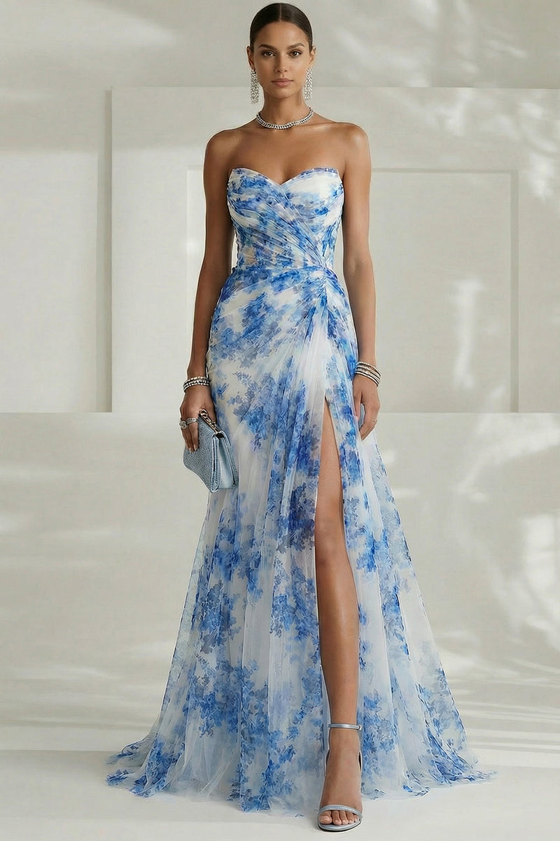 Load image into Gallery viewer, Floral White and Blue Sheath Sweetheart Long Prom Dress with Slit