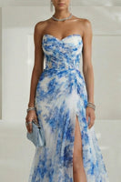 Load image into Gallery viewer, Floral White and Blue Sheath Sweetheart Long Prom Dress with Slit