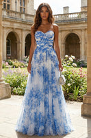 Load image into Gallery viewer, Floral White and Blue Sweetheart A Line Long Prom Dress