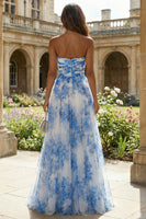 Load image into Gallery viewer, Floral White and Blue Sweetheart A Line Long Prom Dress
