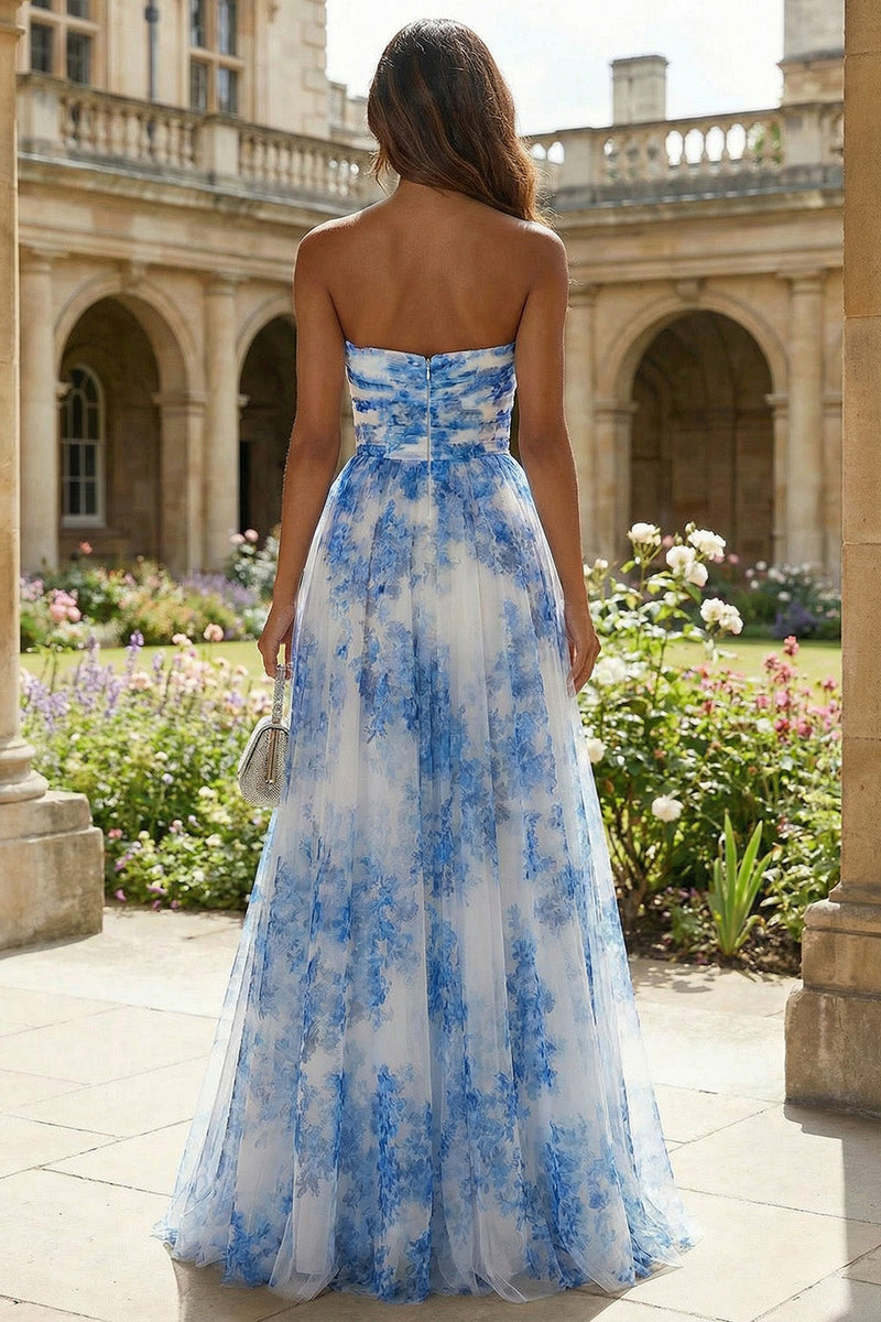 Load image into Gallery viewer, Floral White and Blue Sweetheart A Line Long Prom Dress