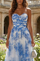 Load image into Gallery viewer, Floral White and Blue Sweetheart A Line Long Prom Dress