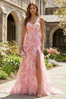 Load image into Gallery viewer, Floral Pink Sheath Sweetheart Long Prom Dress with Slit