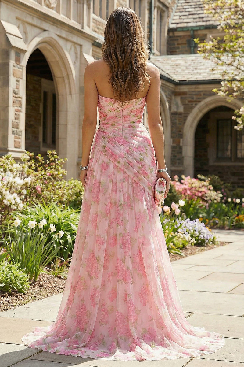 Load image into Gallery viewer, Floral Pink Sheath Sweetheart Long Prom Dress with Slit
