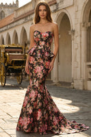 Load image into Gallery viewer, Floral Black and Pink Mermaid Sweetheart Long Prom Dress with Ruffles