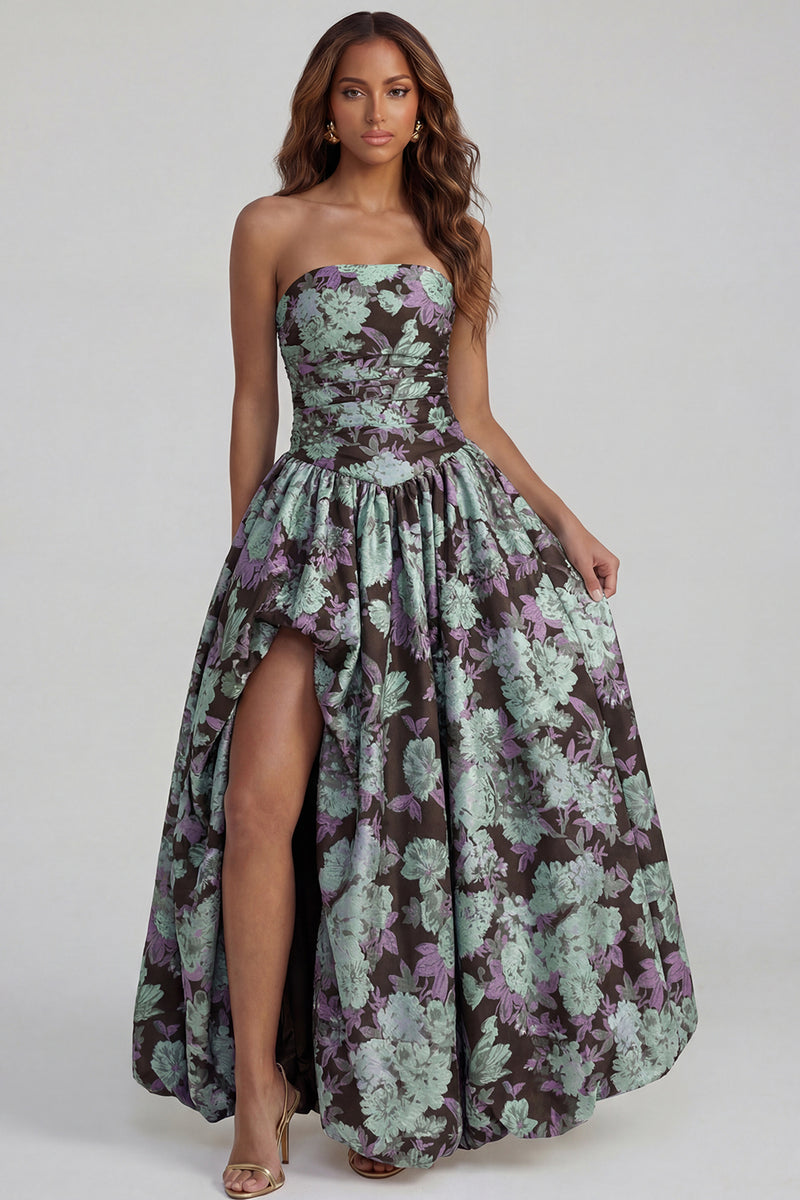 Load image into Gallery viewer, Floral Blue and White Strapless A Line Long Prom Dress with Slit