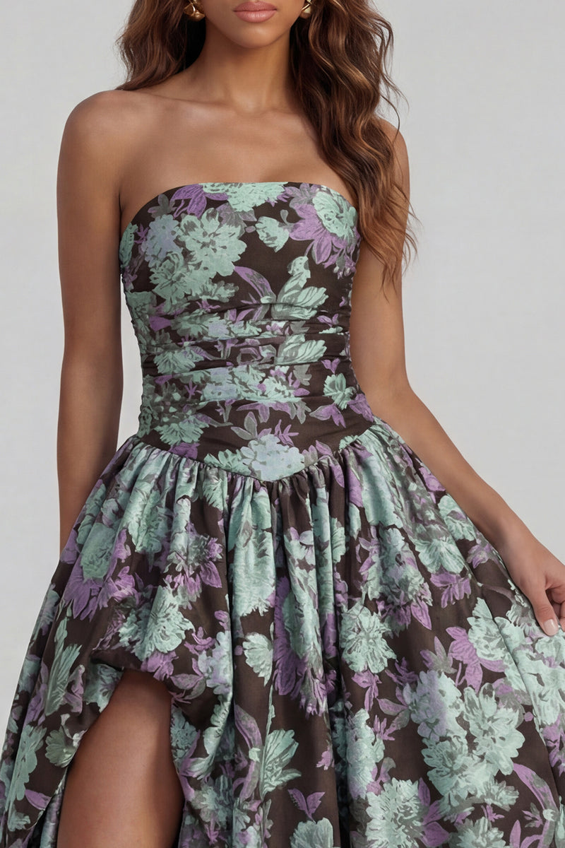 Load image into Gallery viewer, Floral Blue and White Strapless A Line Long Prom Dress with Slit