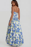 Load image into Gallery viewer, Floral Blue and White Strapless A Line Long Prom Dress with Slit